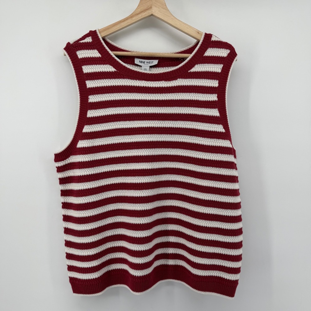 Nine West Tank Top Womens XXL Red‎ Crochet Striped Knit Sleeveless Crew Neck NEW